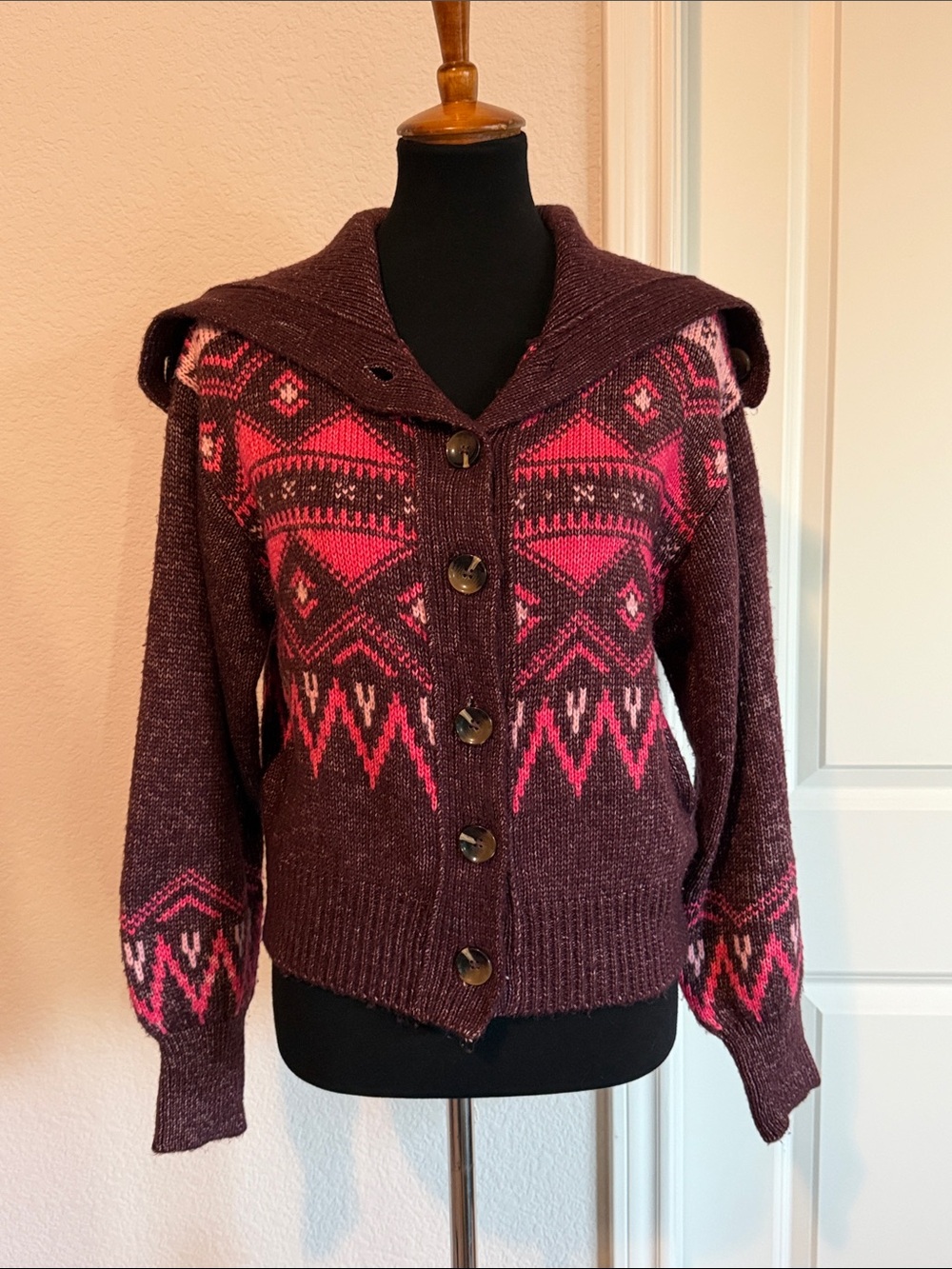 Who What Wear Maroon and Pink Patterned Button-Up Cardigan Sweater